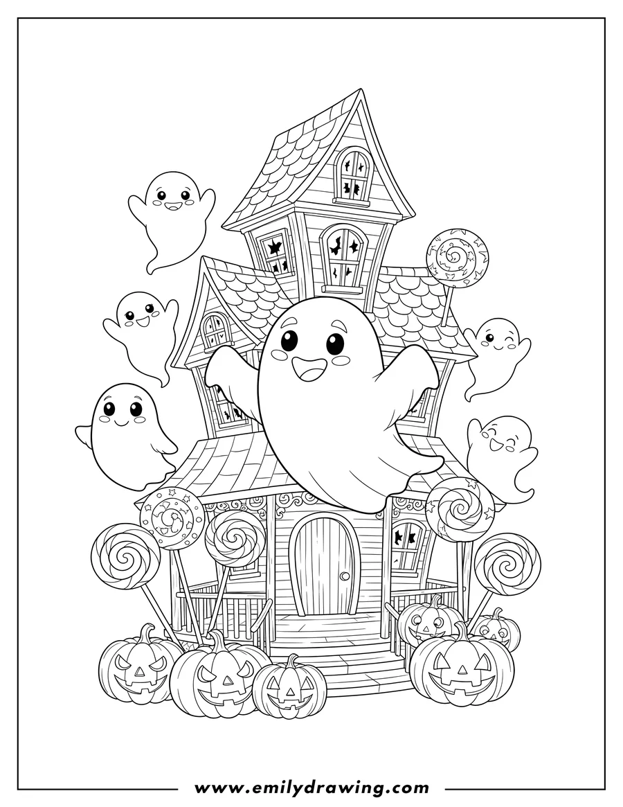 Linear illustration of playful, happy ghosts hovering around a spooky haunted house with a prominent porch, surrounded by pumpkins and lollipops