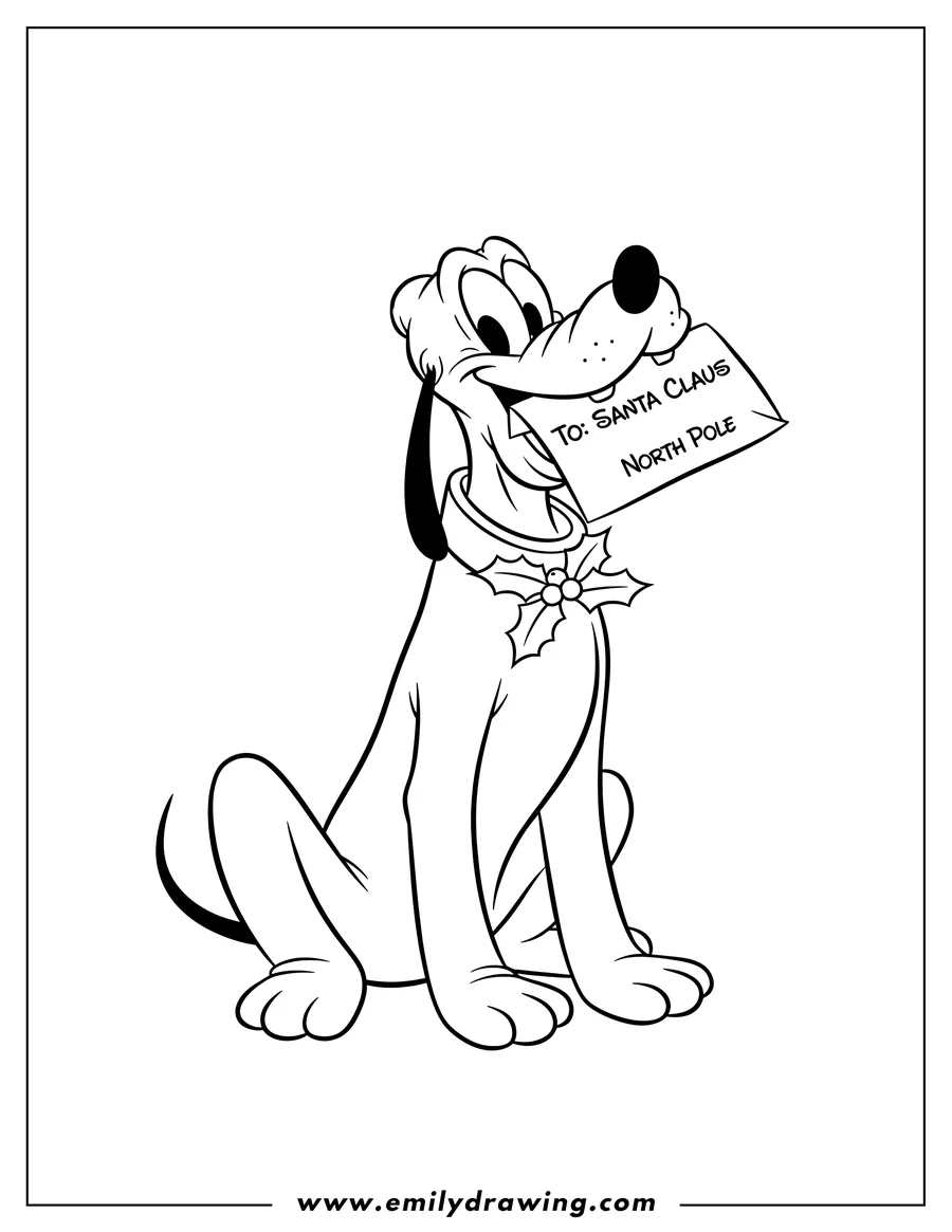 Free printable coloring sheet of pluto sitting, wearing a holly sprig, holding a letter addressed to Santa in his mouth for Christmas