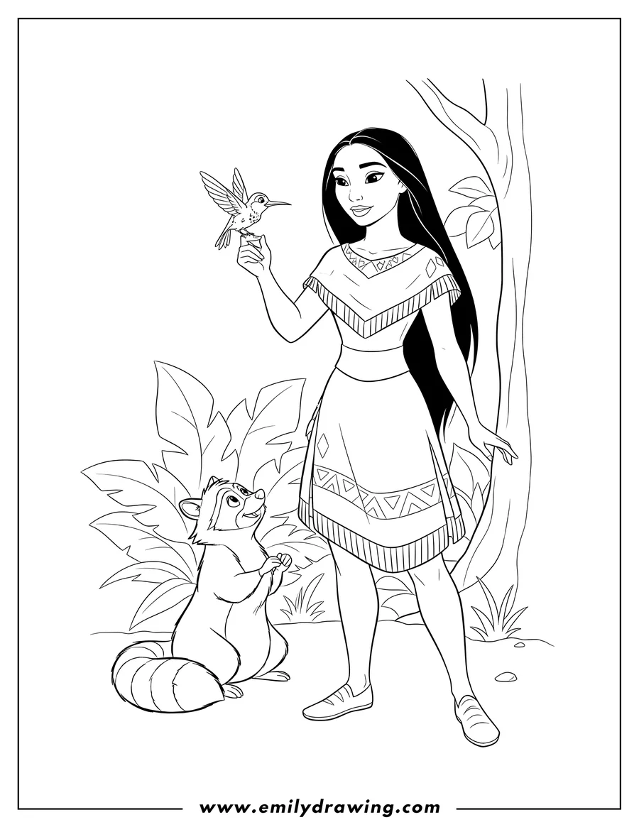 Free printable coloring sheet of pocahontas holding a hummingbird on her finger, with Meeko the raccoon watching