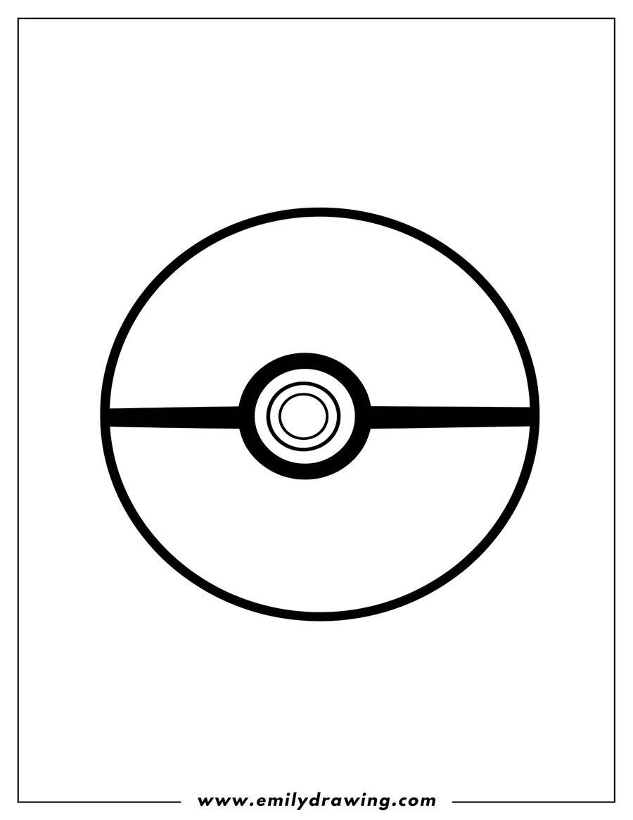 Black and white line art of easy Poke Ball Outline Preschoolers, classic design