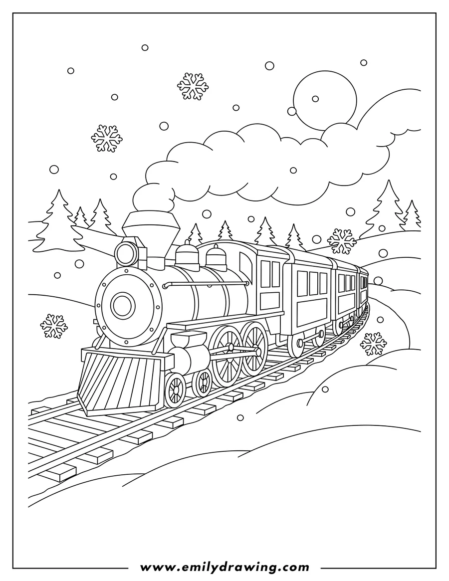 Outline drawing of easy Polar Express steam train traveling through snow