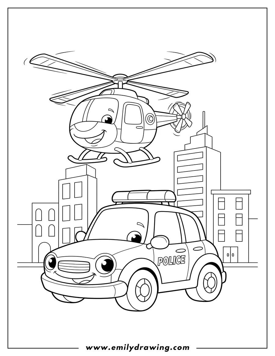 Doodle style coloring picture of police Car and Flying Helicopter in City
