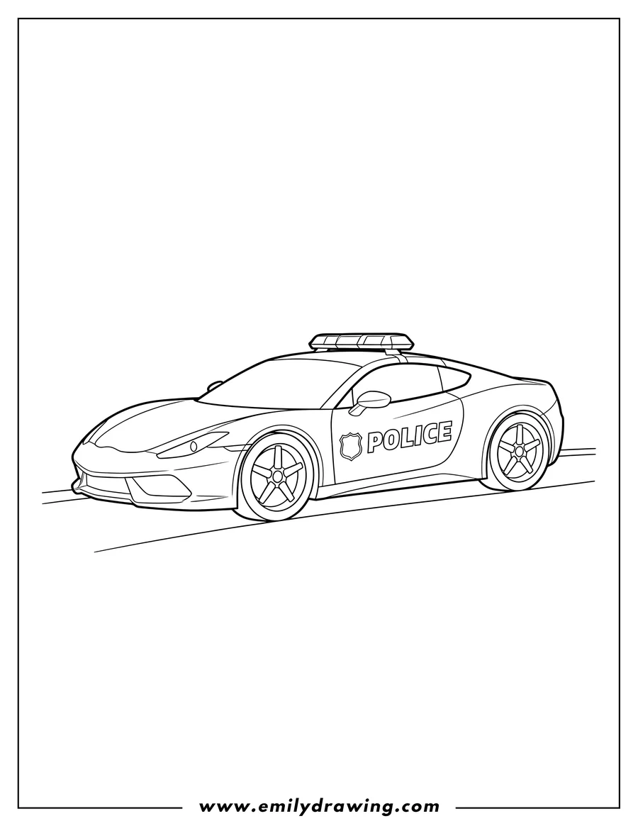 Simple sketch of police sports car with a light bar and 'POLICE' on the side, on a road to color