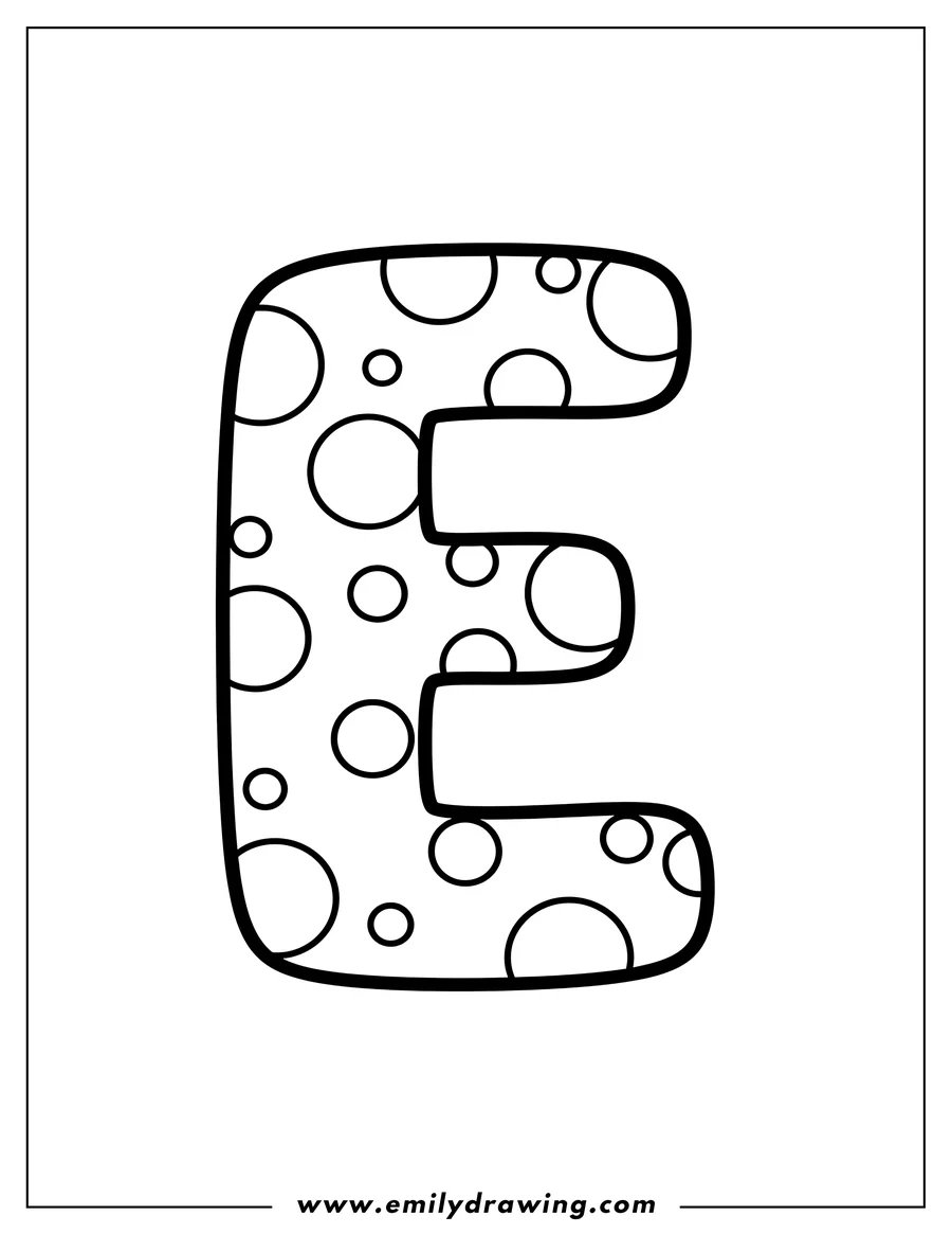 Linear illustration of easy Uppercase Letter E with outlined polka dots and rounded corners