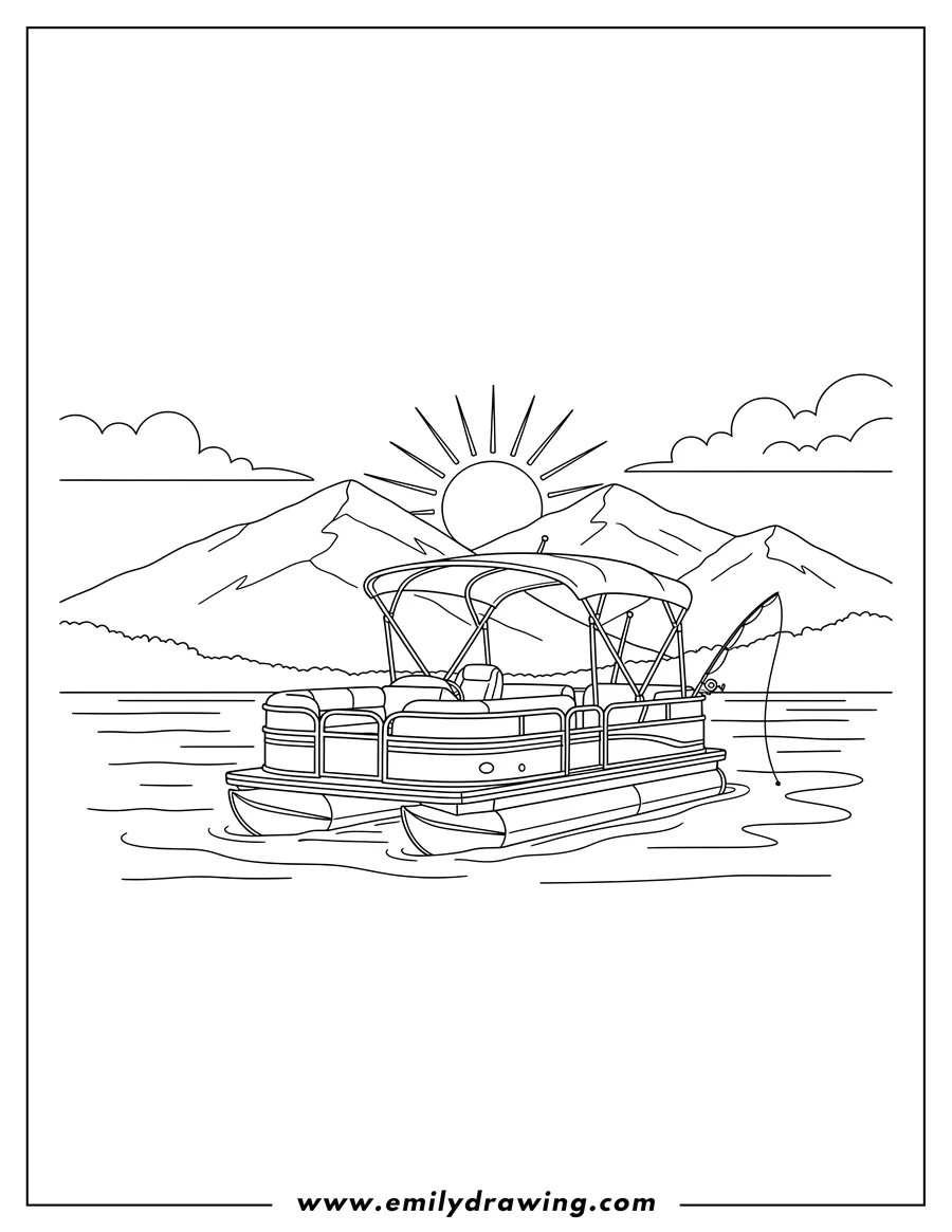 Free printable coloring sheet of pontoon Boat with fishing rod and canopy cruising on peaceful mountain lake
