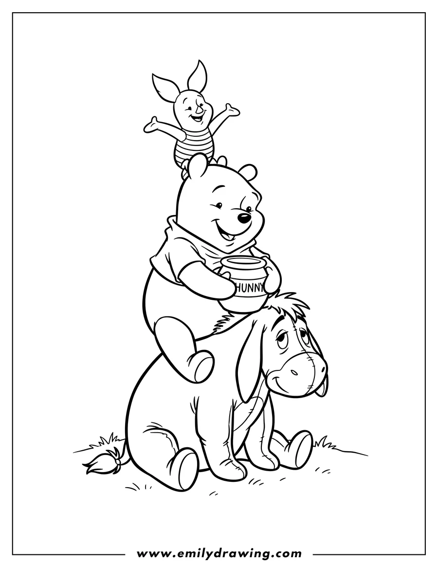 Doodle style coloring picture of pooh Piglet And Eeyore Scaled, piled on top of each other, with Pooh holding a honey pot and Piglet on his head