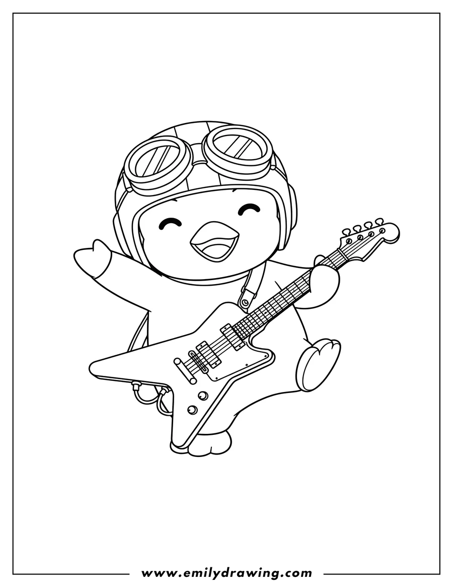 Simple sketch of pororo wearing a helmet and goggles, playing a V-shaped electric guitar while dancing to color