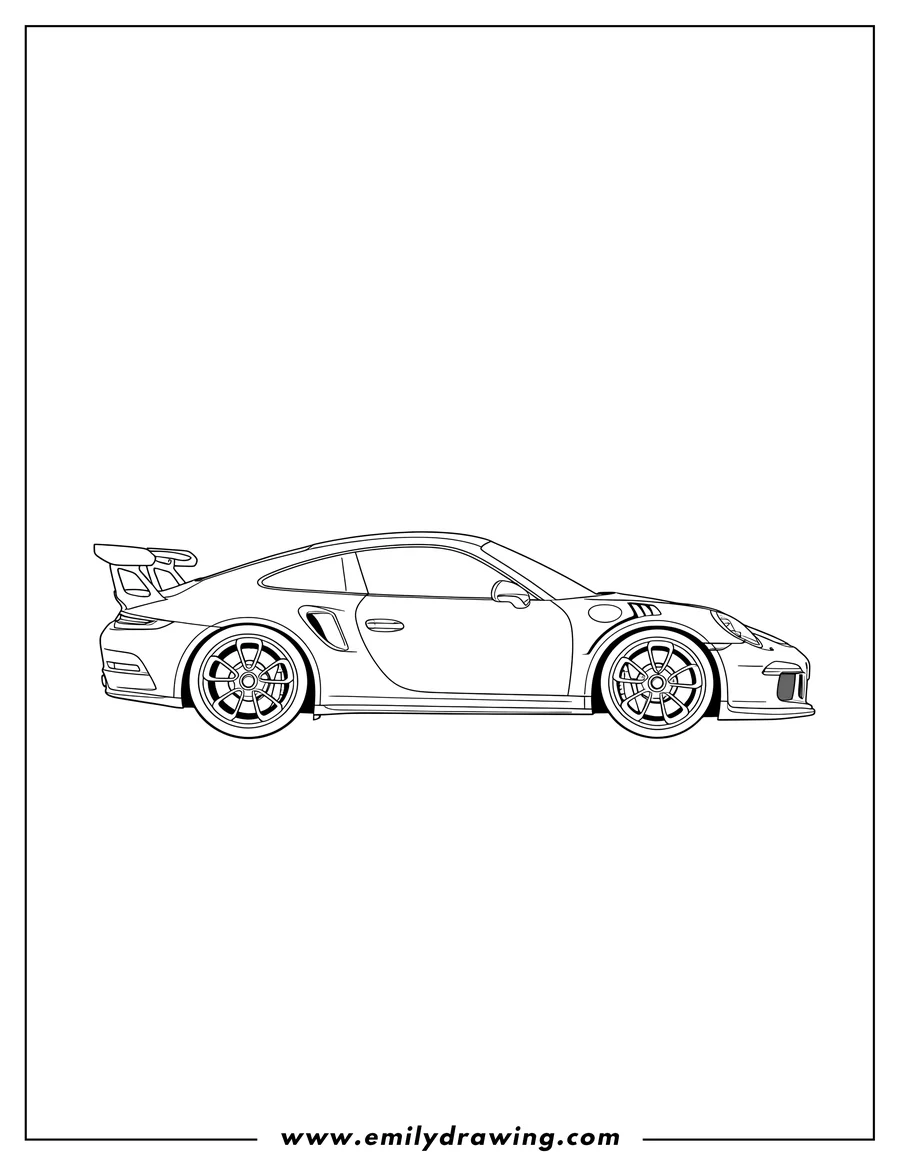 Outline drawing of easy Porsche Gt3 Rs Outline, side view, with large rear spoiler
