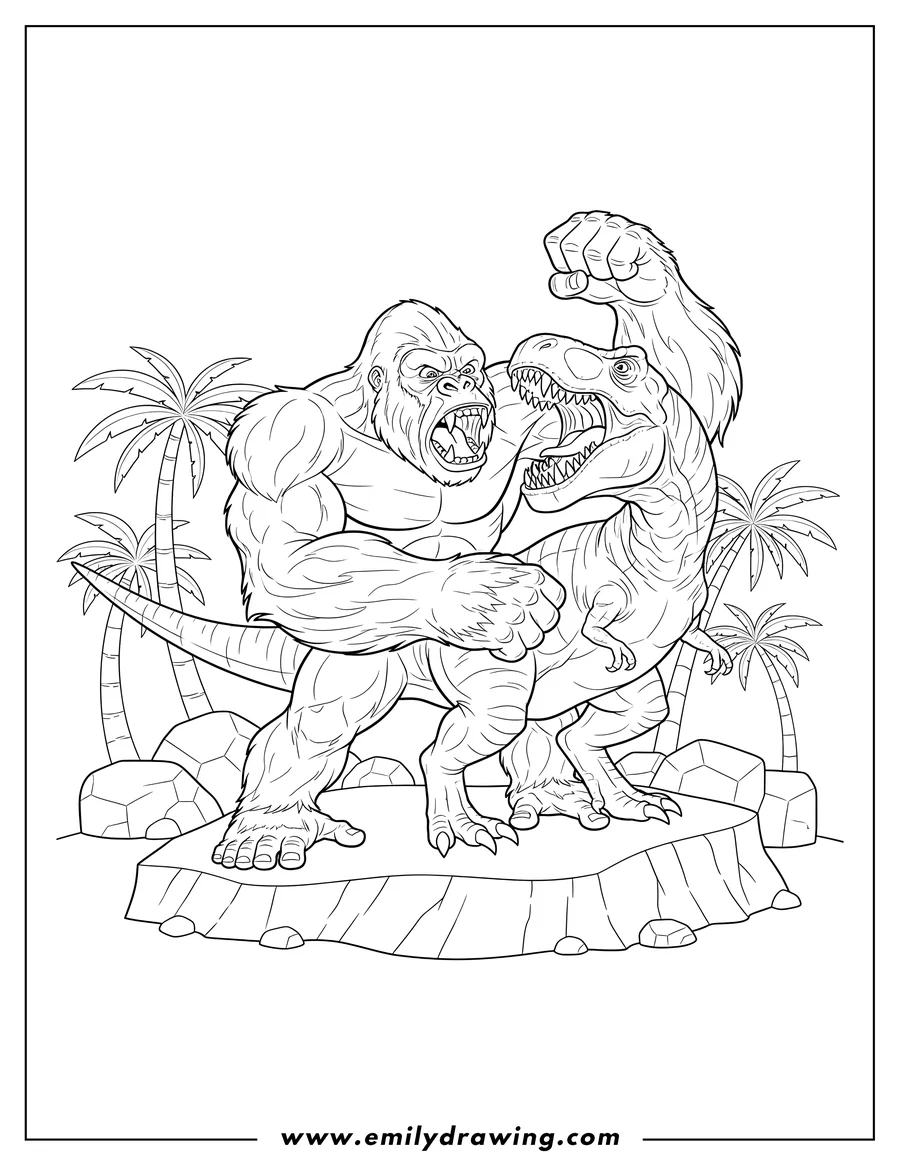 Printable coloring page of powerful King Kong roaring, fighting a T-Rex