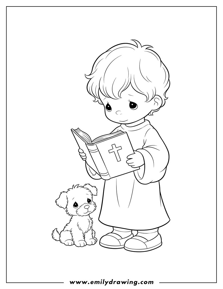 Linear illustration of easy Precious Moments Boy Holding Bible, looking down, with a small dog beside him