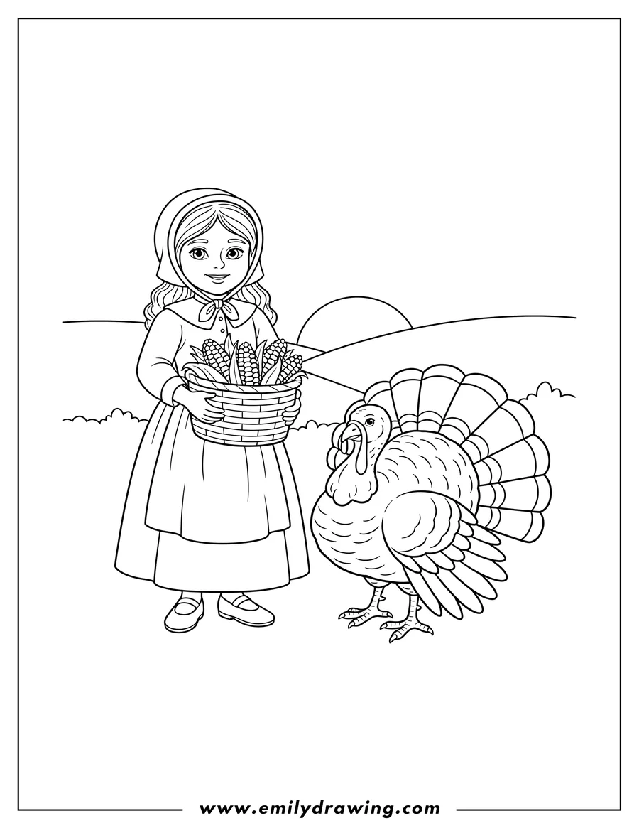 Printable line art of A preschooler pilgrim girl holding a basket of corn and standing next to a turkey