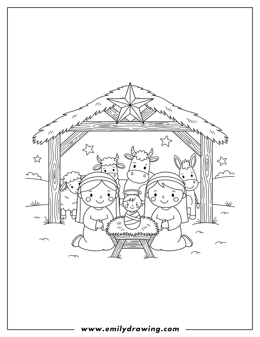 Coloring page for kids: preschoolers Nativity scene with Joseph, Mary, Baby Jesus in a manger, and animals