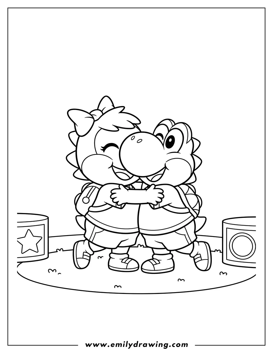 Printable line art of pretty Birdo And Yoshi Preschoolers hugging