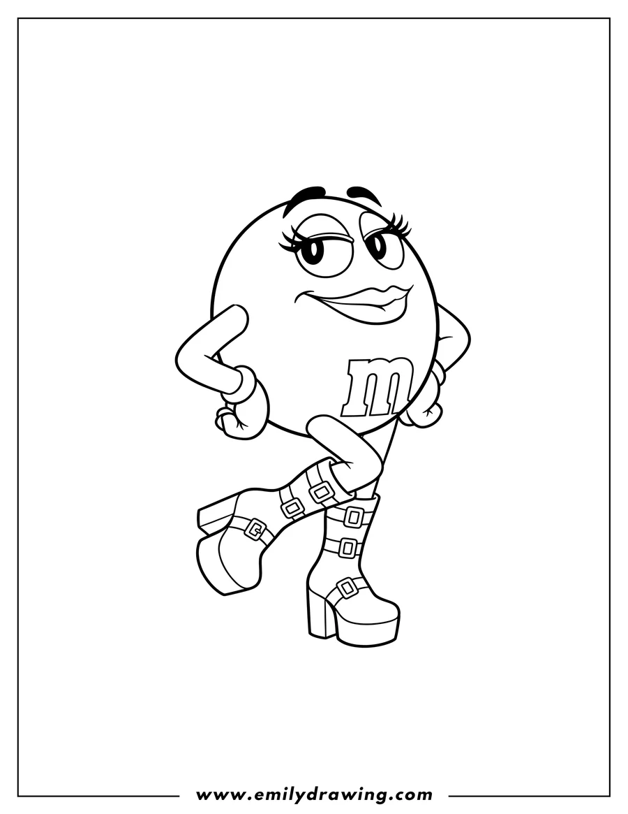 Clean line drawing: pretty Green M&M character with eyelashes and lips, striking a pose and wearing boots