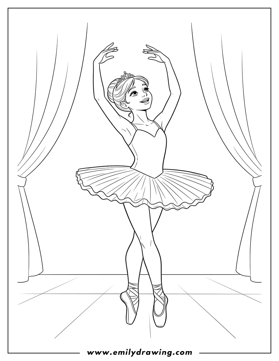 Free printable coloring sheet of prima Ballerina dancing en pointe, looking up