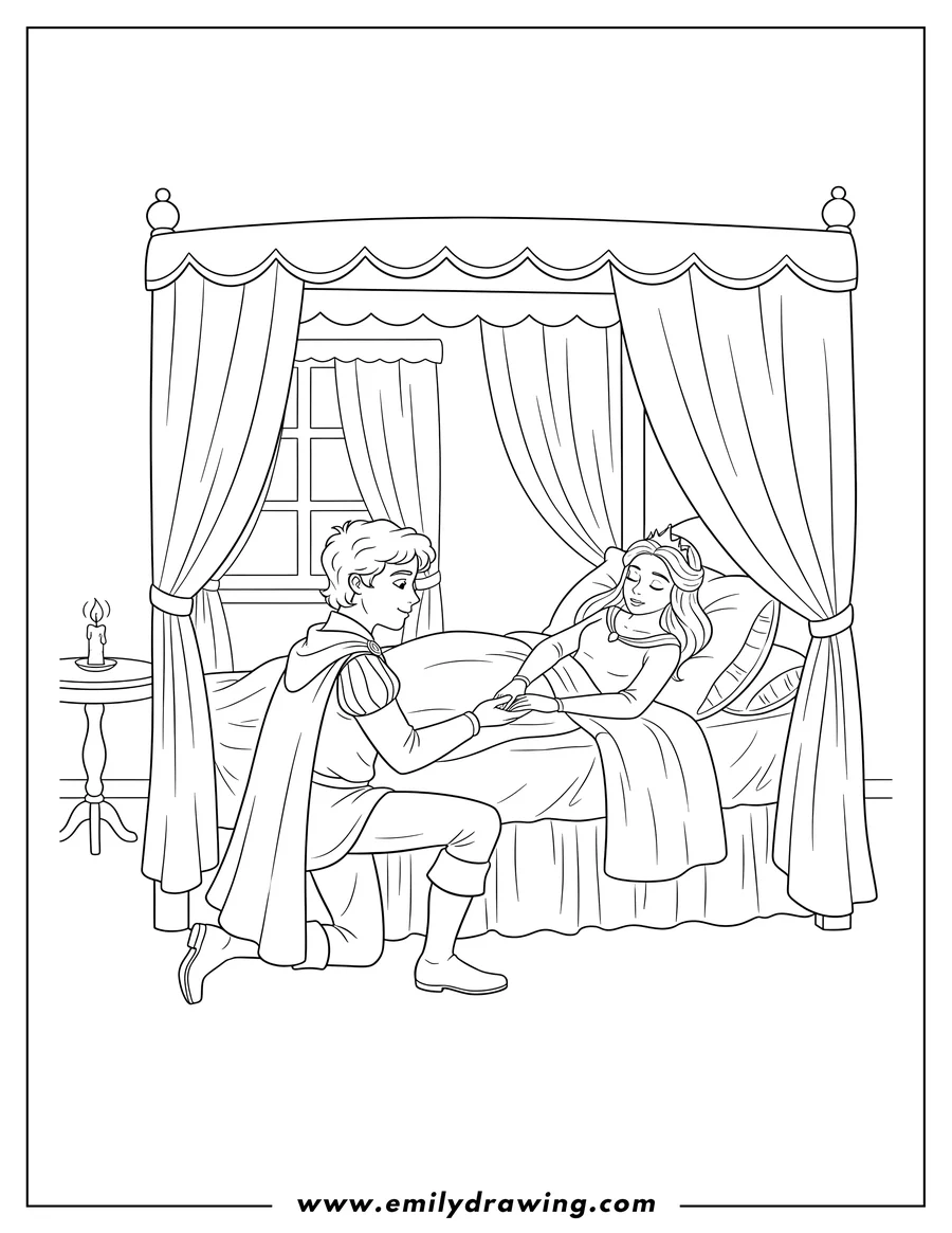 Full page coloring image of prince kneeling by Sleeping Beauty in bed