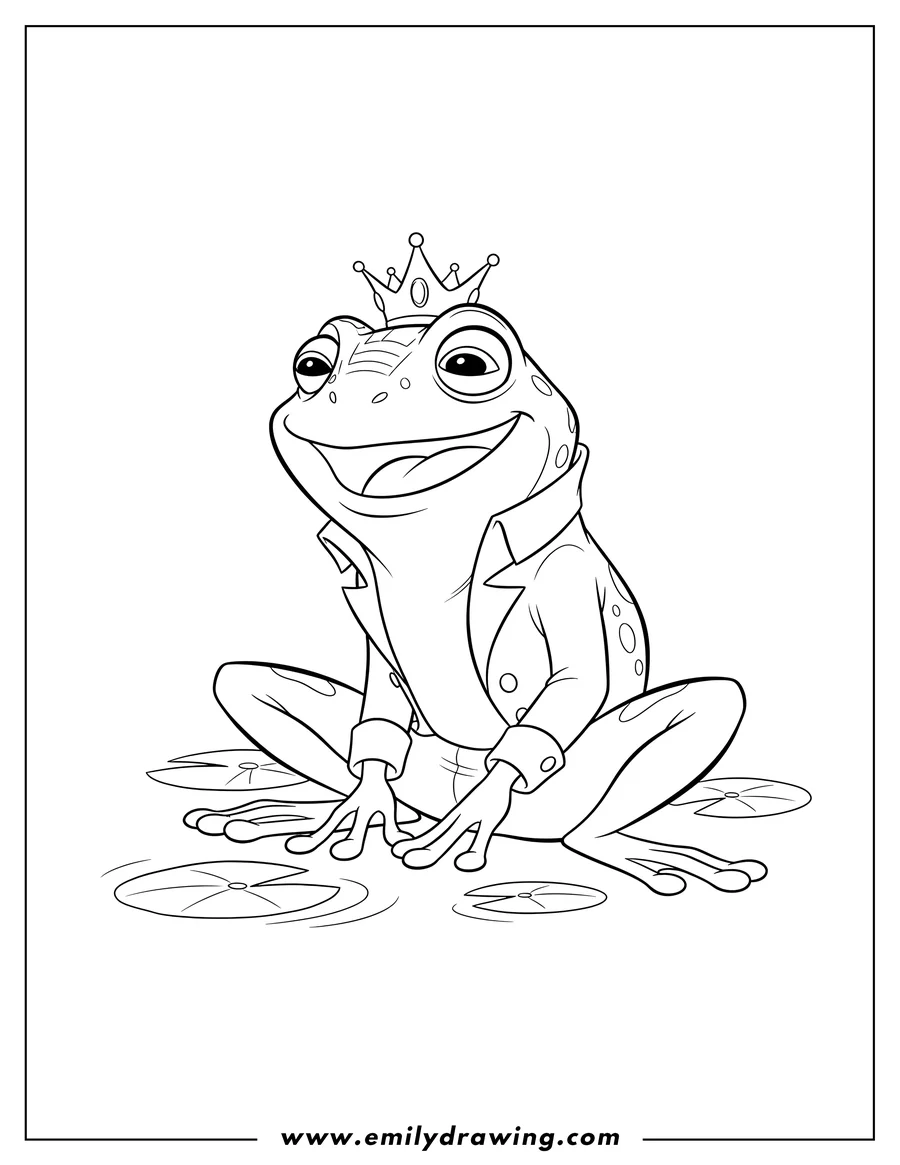 Coloring sheet featuring prince Naveen Frog sitting and smiling widely
