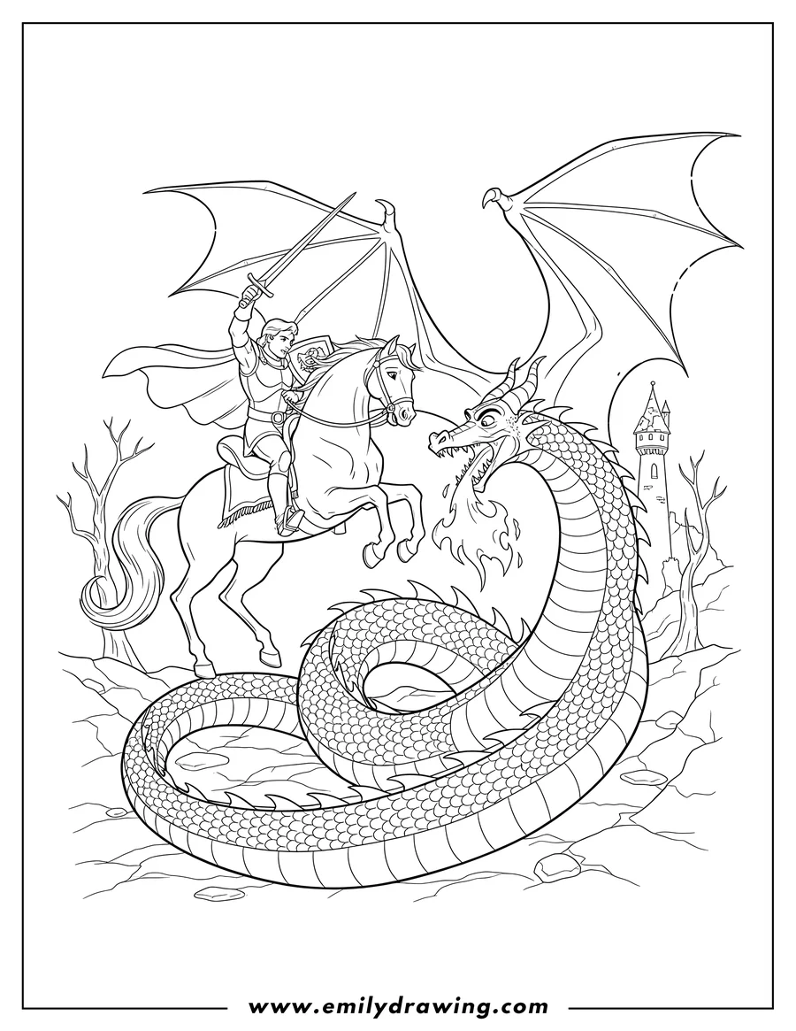 Coloring sheet featuring prince Phillip on horseback fighting the scaled Maleficent Dragon with a sword and shield, coloring page