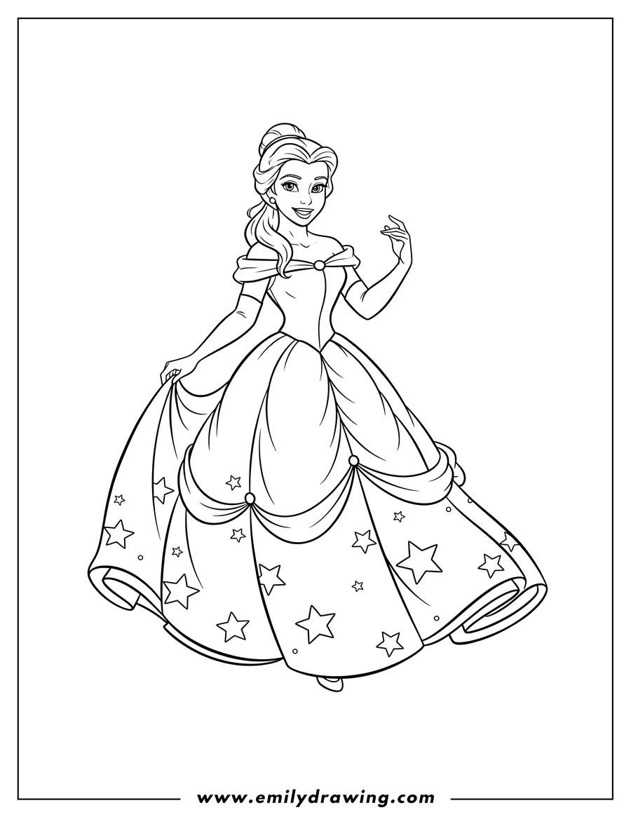 Free printable coloring sheet of easy Princess Belle Scaled, wearing a ball gown with stars, smiling