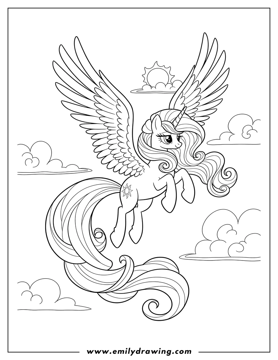 Clean line drawing: princess Celestia flying with spread wings and a long, flowing mane