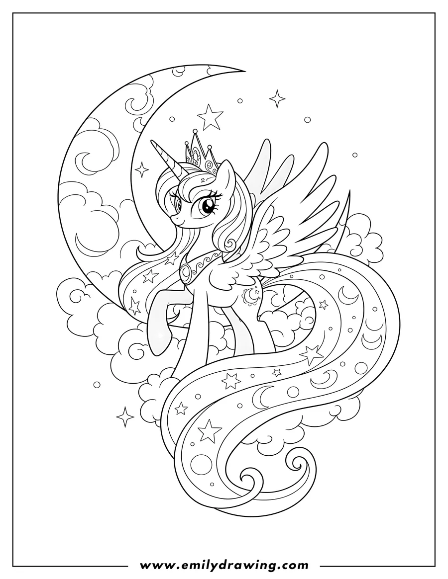 Coloring page for kids: princess Luna looking over her shoulder with a long flowing mane, with Crescent Moon Background