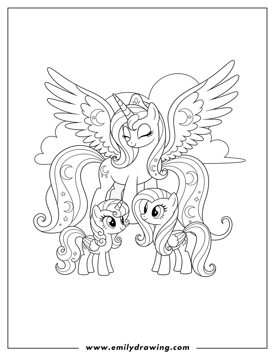 Outline drawing of easy Princess Luna, an alicorn, looking down lovingly with closed eyes at Sweetie Belle and Fluttershy, who are looking up at her