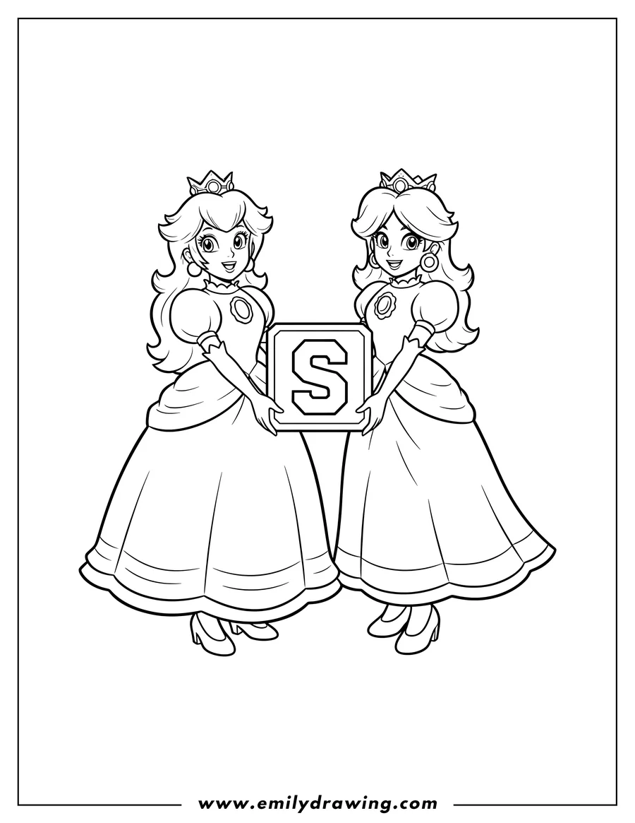 Free printable coloring sheet of princess Peach and Princess Daisy holding a Super Mario Bros. 'S' block together