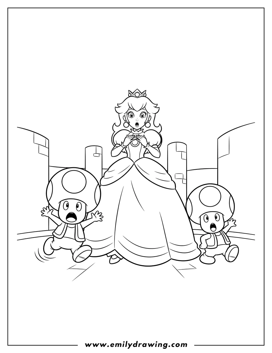 Vector style outline of princess Peach and two Toads looking surprised, with one running