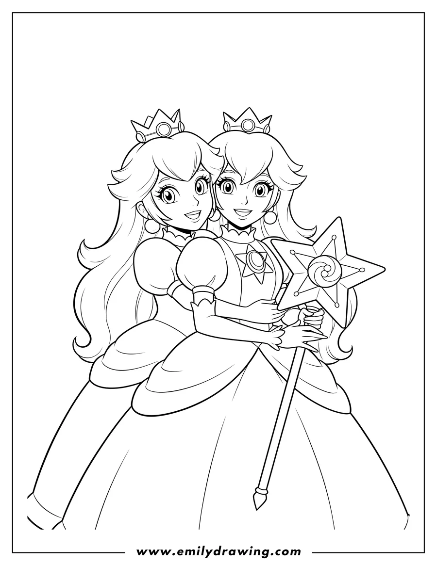 Coloring page of princess Peach hugging Princess Rosalina from behind, with Rosalina holding a star wand