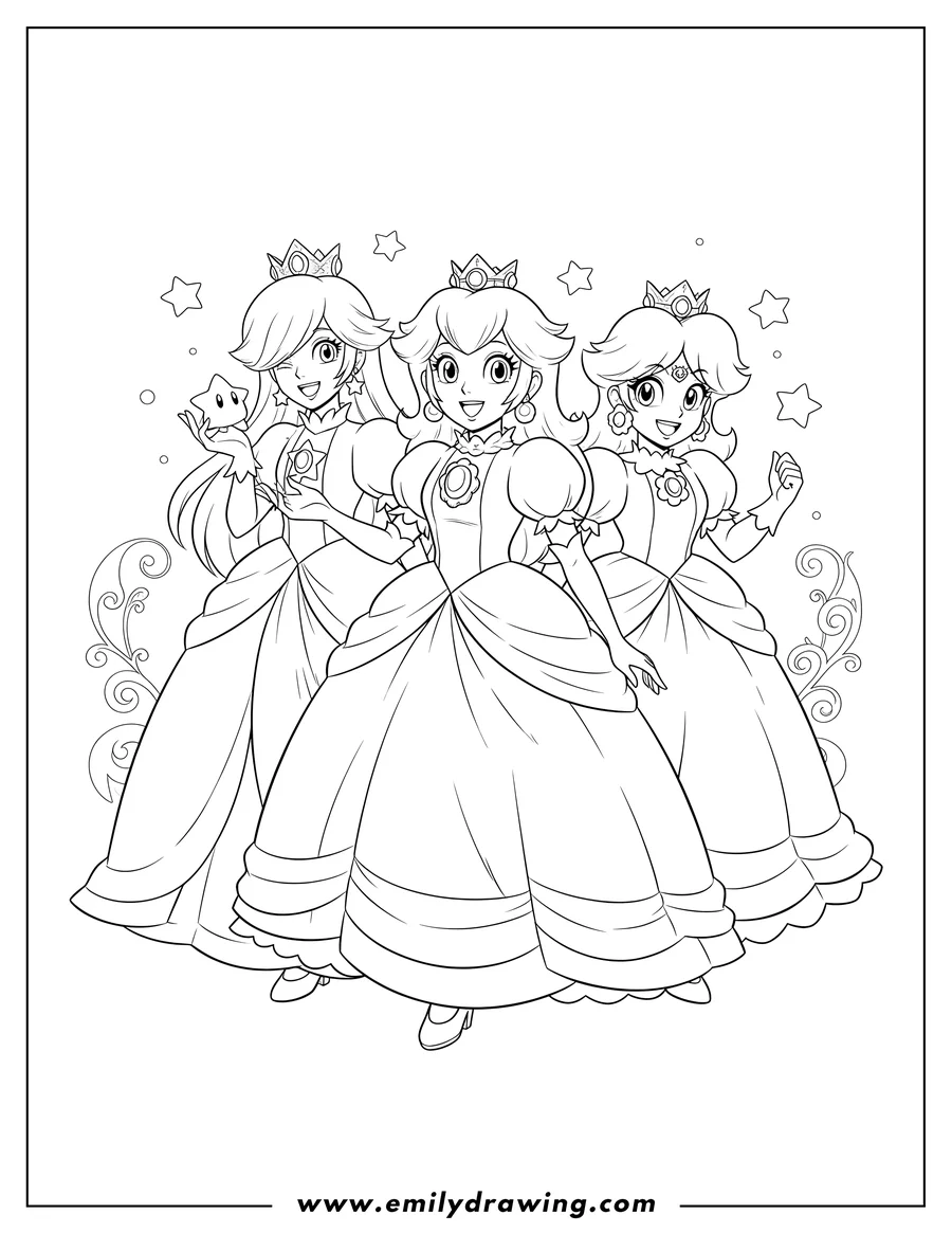 Simple sketch of easy Princess Peach Rosalina And Daisy standing together and smiling to color