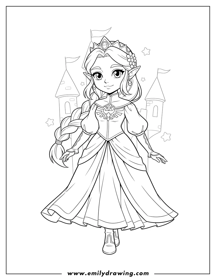 Linear illustration of princess Zelda Scaled, standing and smiling