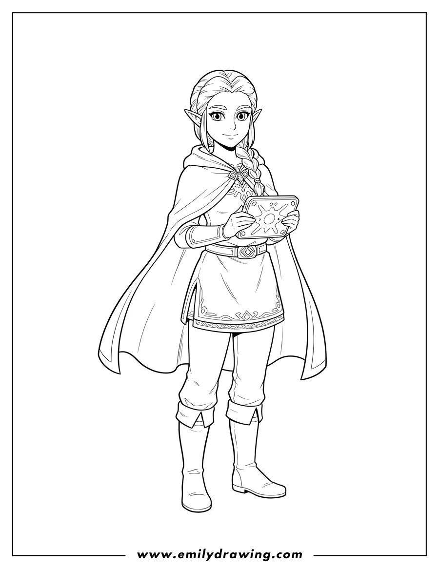 Outline drawing of princess Zelda Traveler holding a Sheikah Slate