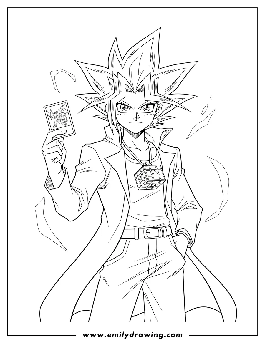Doodle style coloring picture of adult Yugi Mutou holding a trading card and wearing the Millennium Puzzle