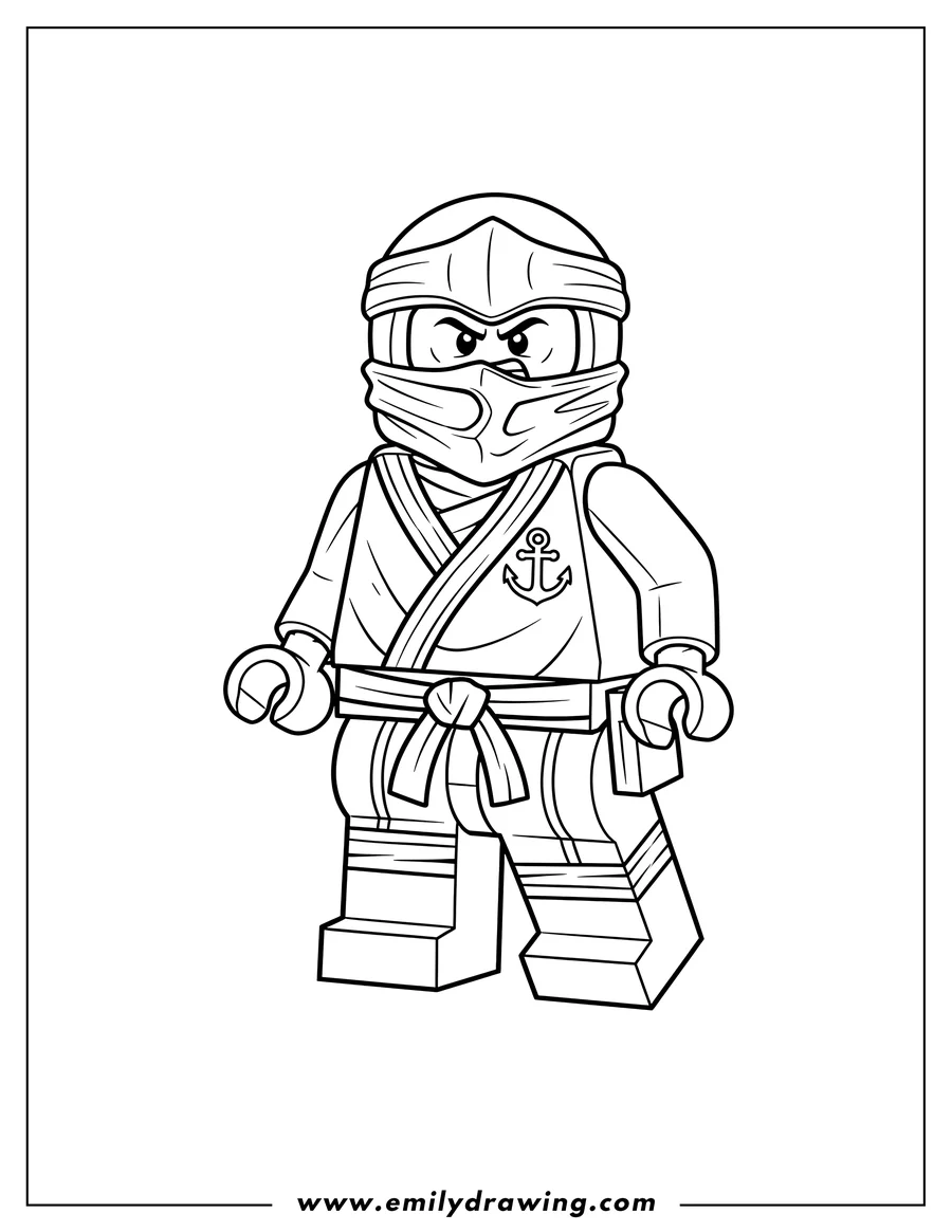 High quality printable angry Lego Ninjago Cole wearing a detailed ninja gi with an anchor and pouch for coloring