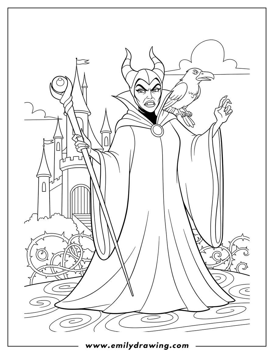 Coloring sheet featuring angry Maleficent holding staff with raised hand, Outside Castle Disney Villain