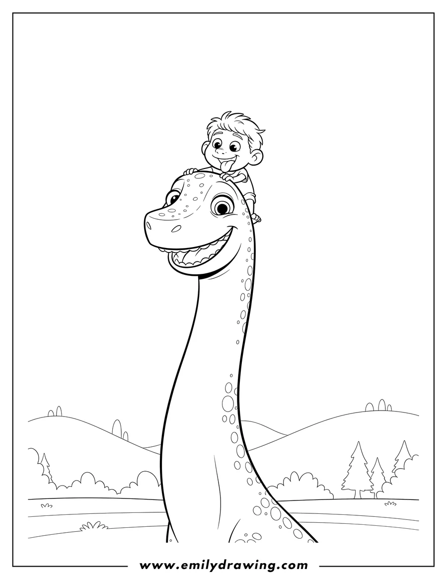Coloring sheet featuring the Good Dinosaur Arlo smiling with Spot sitting on his neck, tongue out