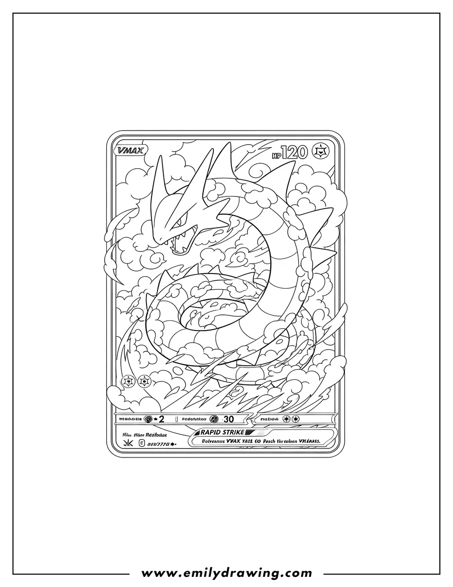 Coloring sheet featuring azure Burst Rayquaza VMAX Rapid Strike Pokemon Card