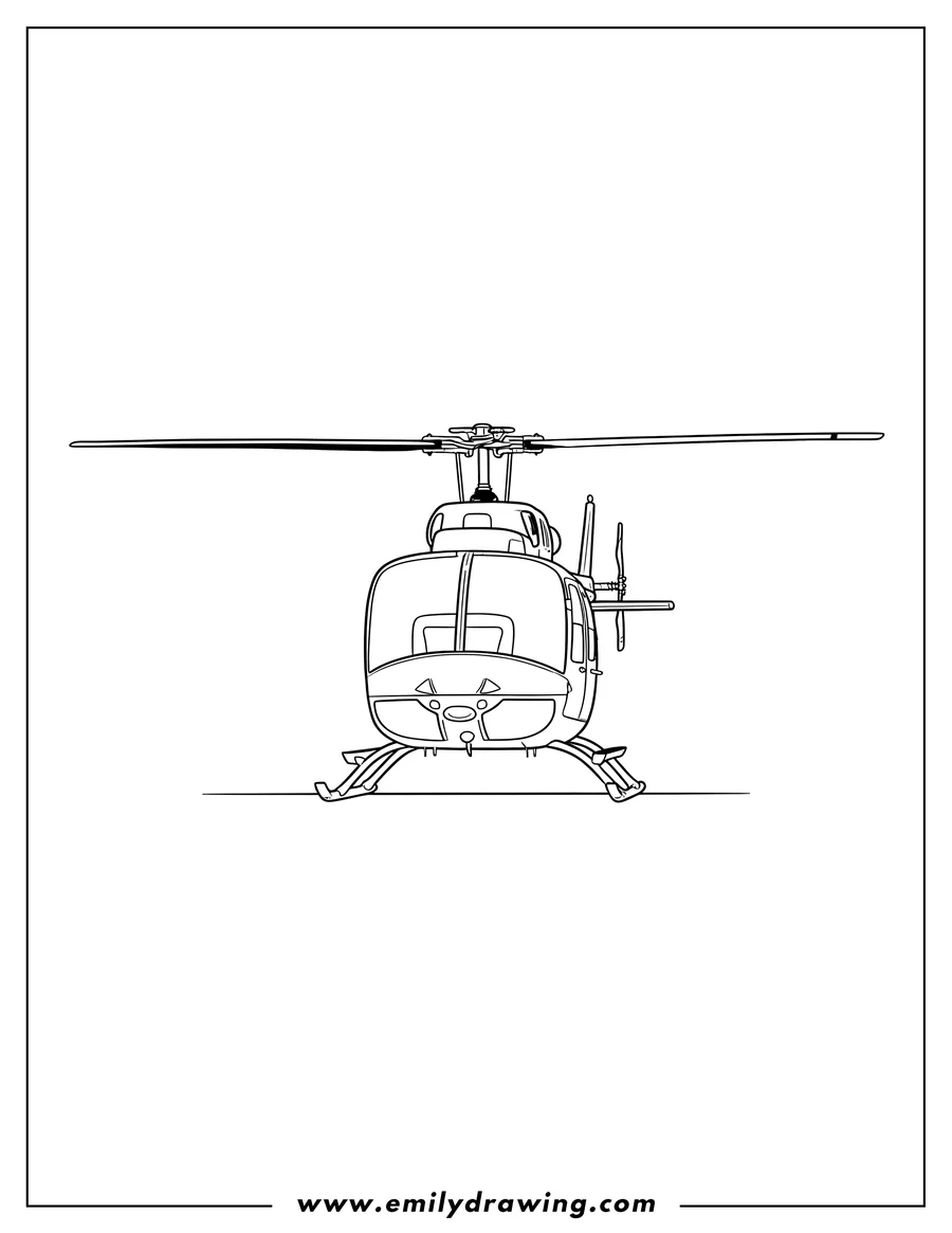 Black and white line art of bell 206 Helicopter Scaled, front view, landed