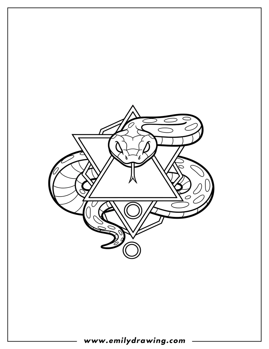 High quality printable black Mamba snake coiled around a stylized geometric logo for coloring