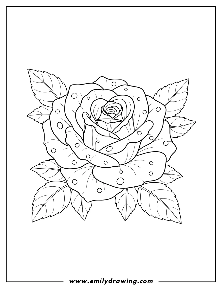 Linear illustration of blooming rose with surrounding leaves and small circular dew drops