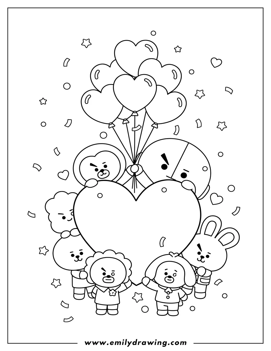 Full page coloring image of bt21 With Heart Balloons And Confetti, all characters together around a large central heart with Van in the background
