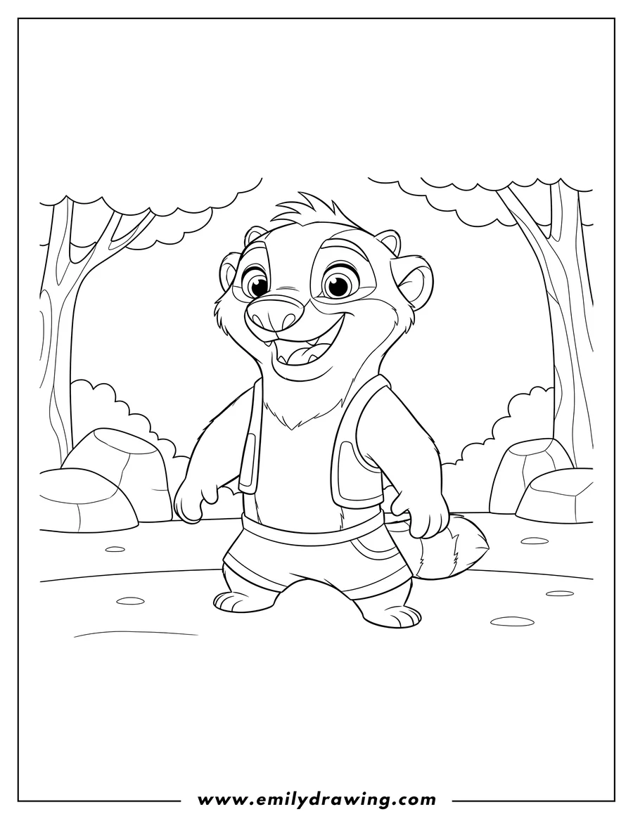 Coloring page for kids: easy Bunga Honey Badger standing and smiling