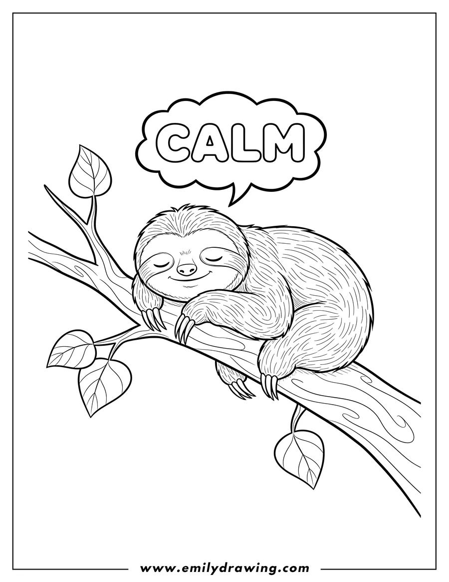 Free printable coloring sheet of calm Sloth curled up and sleeping on a tree branch, with a speech bubble saying CALM