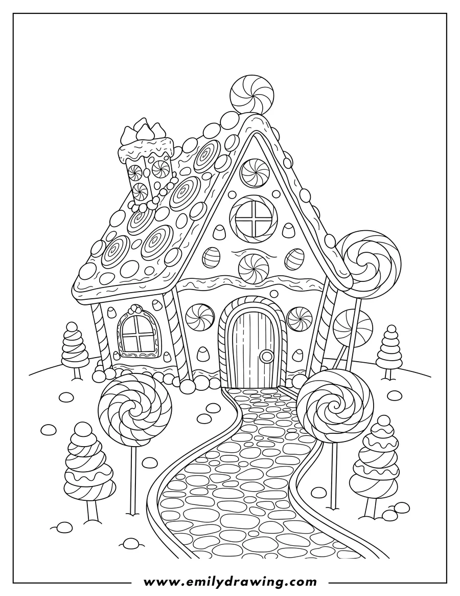 Downloadable coloring page of candy Land Gingerbread House with a path and lollipops