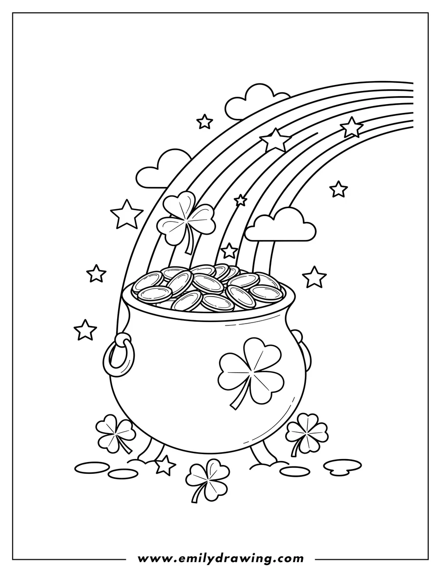 Printable line art of cauldron pot of gold with shamrocks and stars at end of rainbow to color