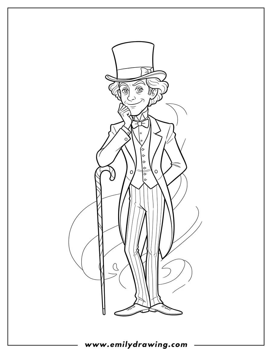 Doodle style coloring picture of condescending Wonka Meme Scaled, wearing a top hat and leaning on one hand
