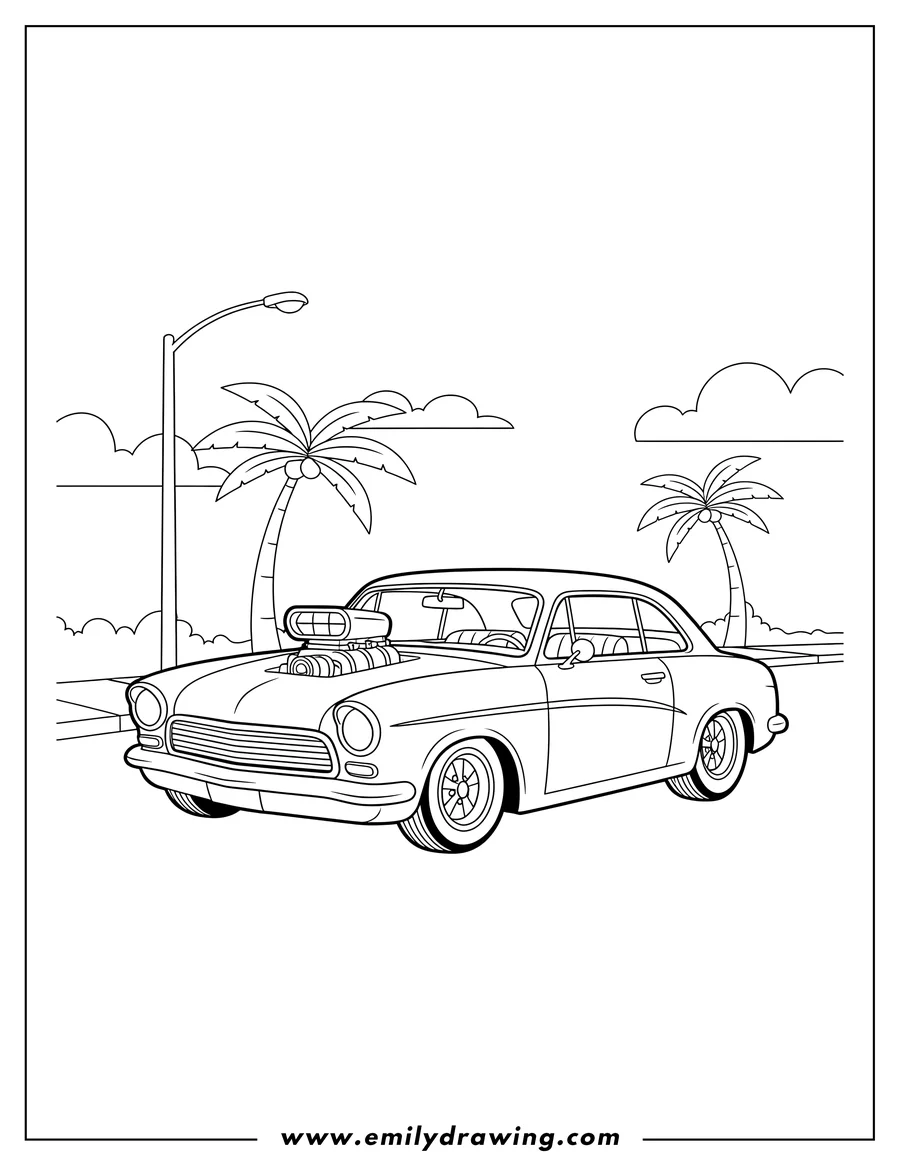 Downloadable coloring page of cool Lowrider Coupe Car with a Blower Parked Street