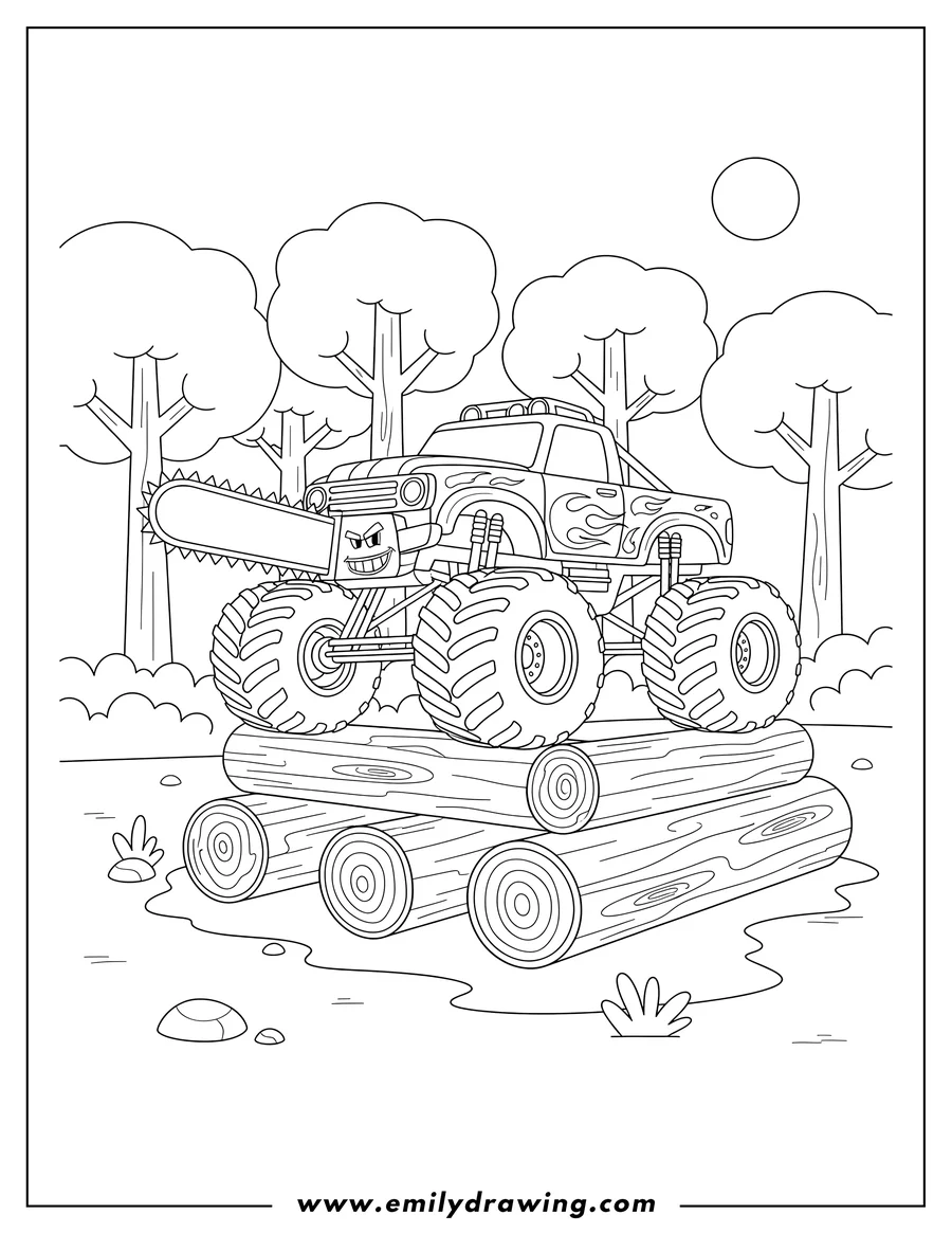 Outline drawing of cool Monster Truck with Giant Chainsaw Driving Over Logs in Forest