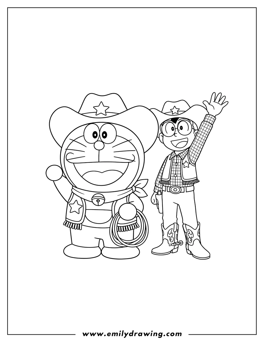 Free to print drawing of cowboy Doraemon and Nobita, with Nobita raising his hand