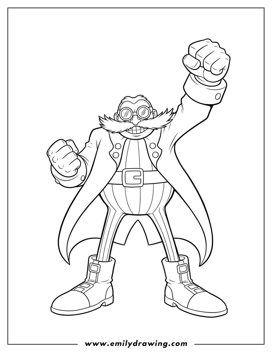 PDF style coloring page: doctor Eggman villain with a raised, clenched fist and goggles